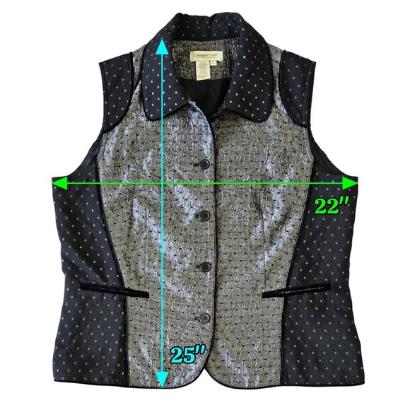 Coldwater Creek Black Gray Diamond Dot Crinkle Velvet Trim Vest Whimsical - Picture 3 of 8